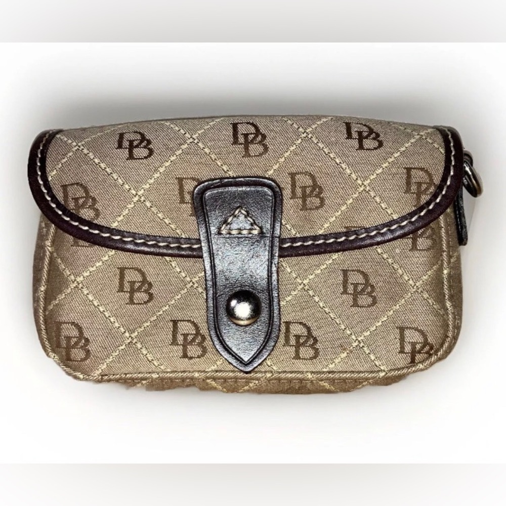 Dooney and Bourke Tan Brown Signature Monogram Canvas Snap Small Wristlet Pouch